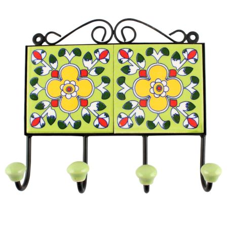 Pea Green Ceramic Floral Tile Wall Hook Online